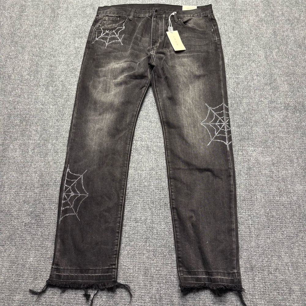 MNML Jeans Mens 40 Black Spiderweb Frayed Hem Streetwear Punk Grunge Goth NEW